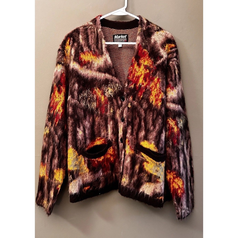 Market Mountaineering Cardigan Sweater Mens Small Fauxtree Camo Print  Sz Small
